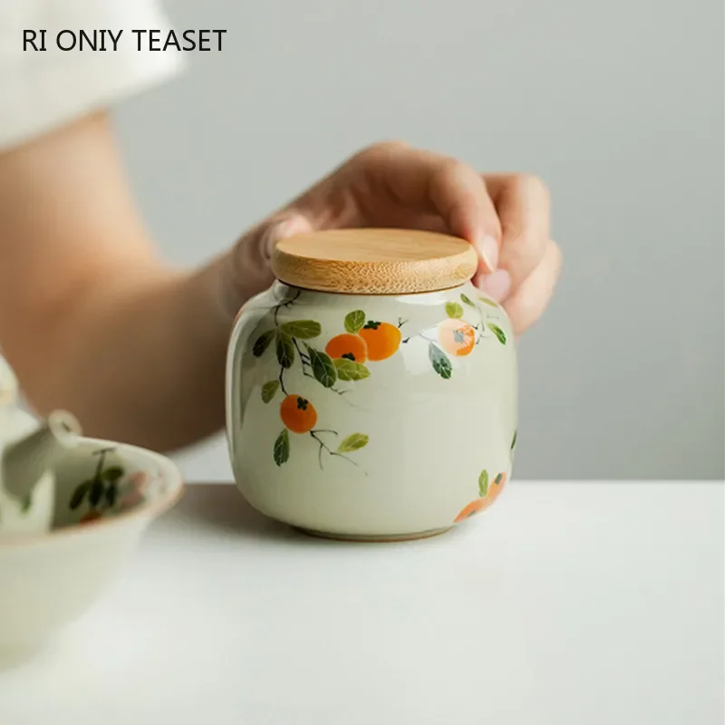 Chinese Ceramic Tea Caddy Hand-painted Persimmon Tea Jar Travel Bag Storage Box Sealed Container Storage Tank Teaware