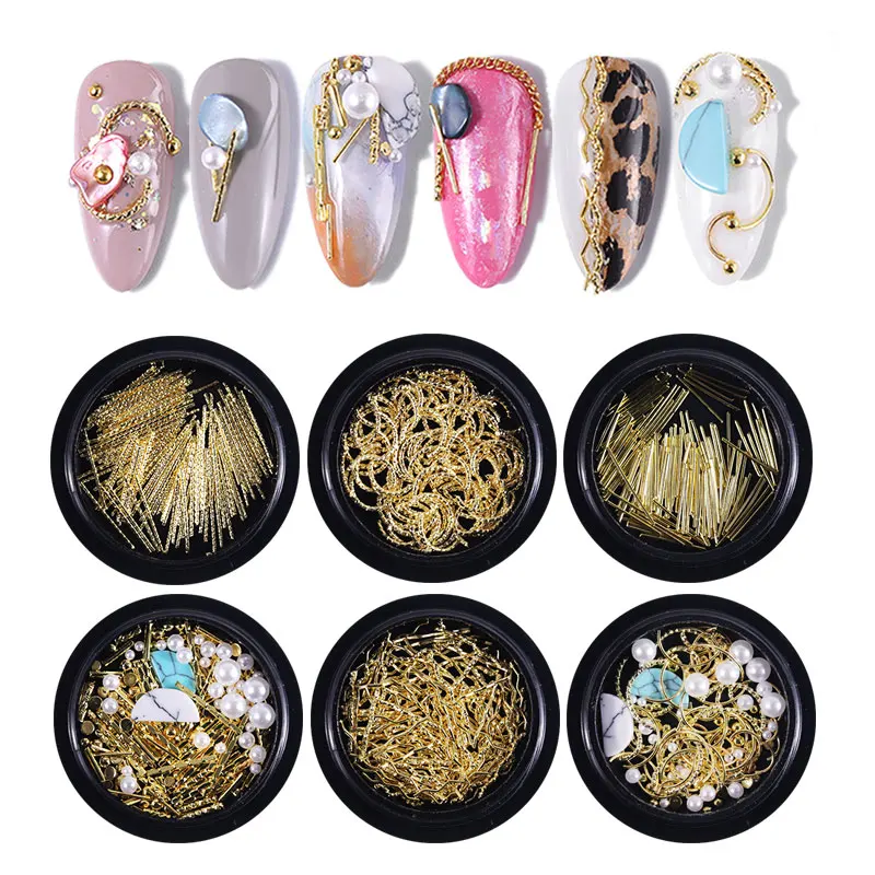 1 Scatola Oro Matellic Nail Art Decorazioni Miste 3D Perle Bend Metal Studs Rivetti Per Unghie Shell Flakes Charm Accessori Per Manicure Uv