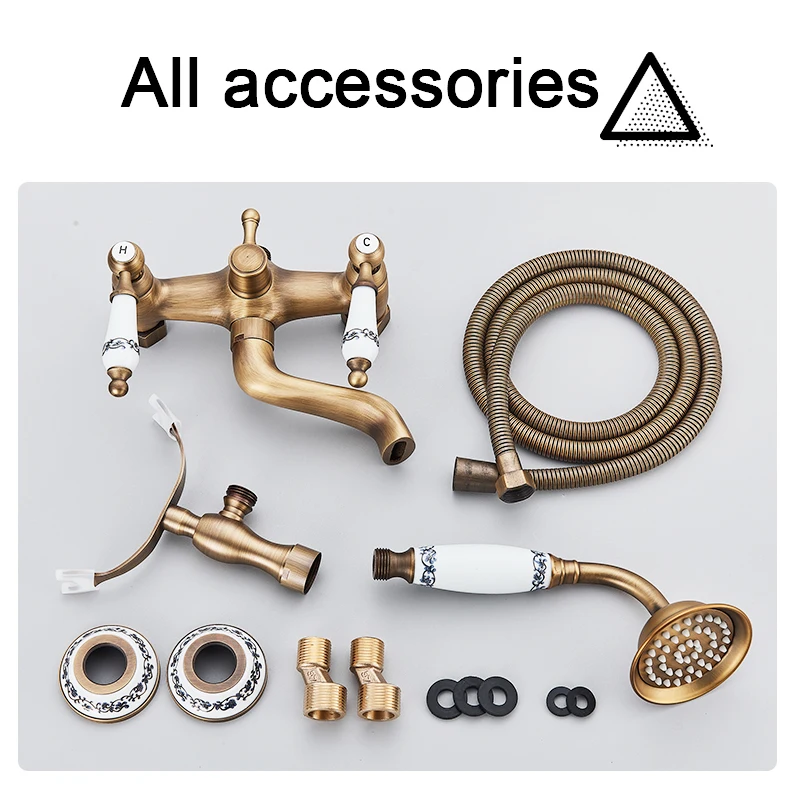 Antique Brass Bathroom Shower Faucet Wall Mount Blue and White Porcelain Dual Handle Cold Hot Water Mixer Shower Tap For Bathtub bathtub faucet shower faucet water mixer