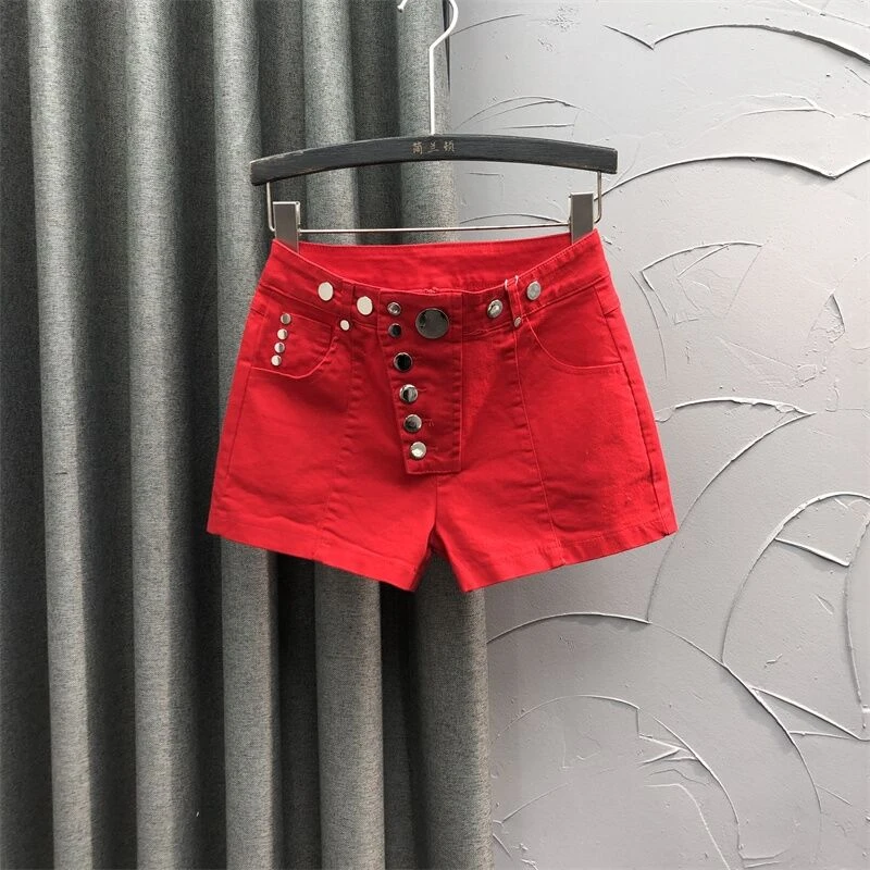 Prijs Universiteit automaat Irregular Buttons Red Denim Shorts Female Korean Elastic Hot Short Trousers  Fashion Summer 2020 New Shorts For Women - Shorts - AliExpress