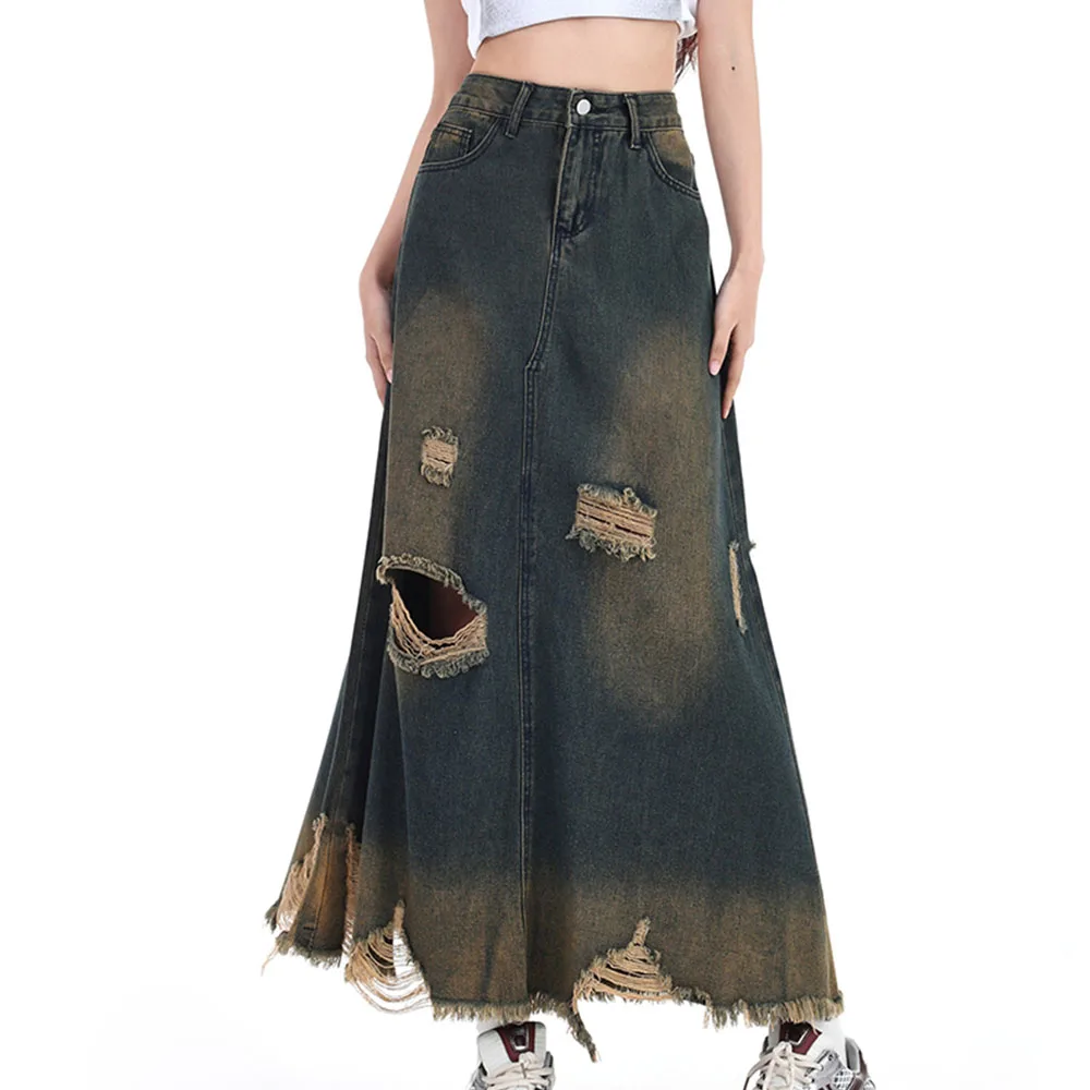 Y2K Long Denim Skirt Women's Vintage Distressed Hole Washed Denim Fishtail Skirt New Spring Street High Waist A- Line Half Skirt