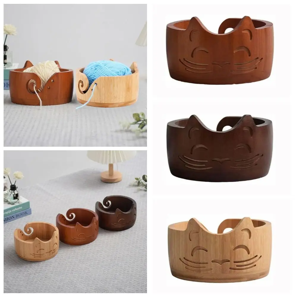 Yarn Storage Bowl Wood Wool Round Cat Shaped for Knitting Yarn