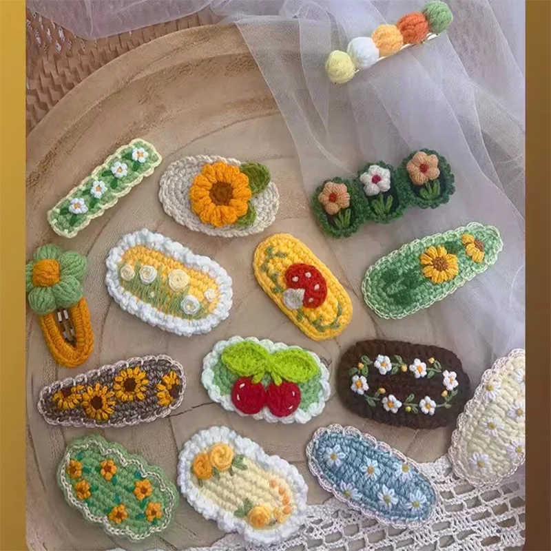 Lovely Sweet Hair Clips Wool Knitted Embroidery Flower Barrettes Hairpins Kids Girls Candy Crochet Headwear Hair Accessories