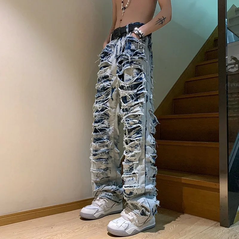 American high street erosion destroys raw edge Y2K retro jeans men\'s trendy straight tube slim flared pants foreign trade 2023