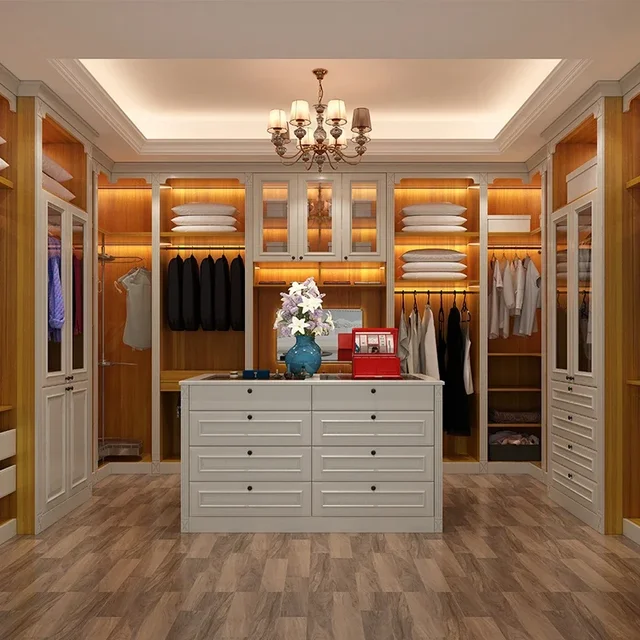 Luxury Homey Customized U Shape Solid Wood Closet Modern Design Glass Door Luxury Wardrobe For Dressing Room