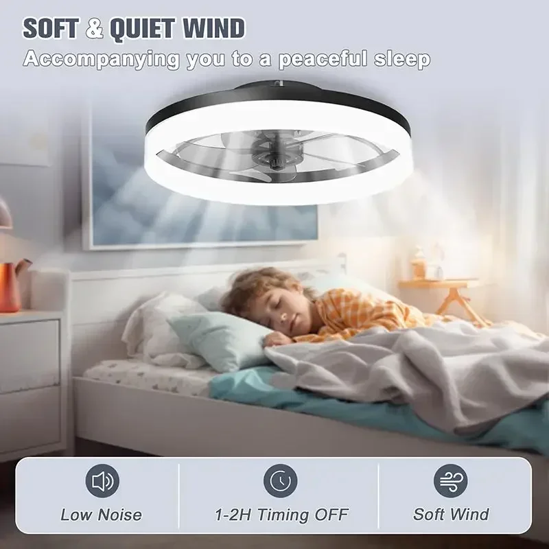 50cm Dimming Ceiling Fans with LED Lights Flush Mount Ceiling Fan with Remote Control Stepless Dimmable 3 and 6 Speeds Wind
