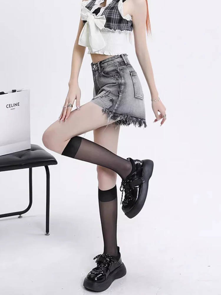 New Women Summer Sexy Hottie Shorts Fashion American Retro High Waist Tassel Hole Denim Shorts Casual Loose Fit Thin Shorts