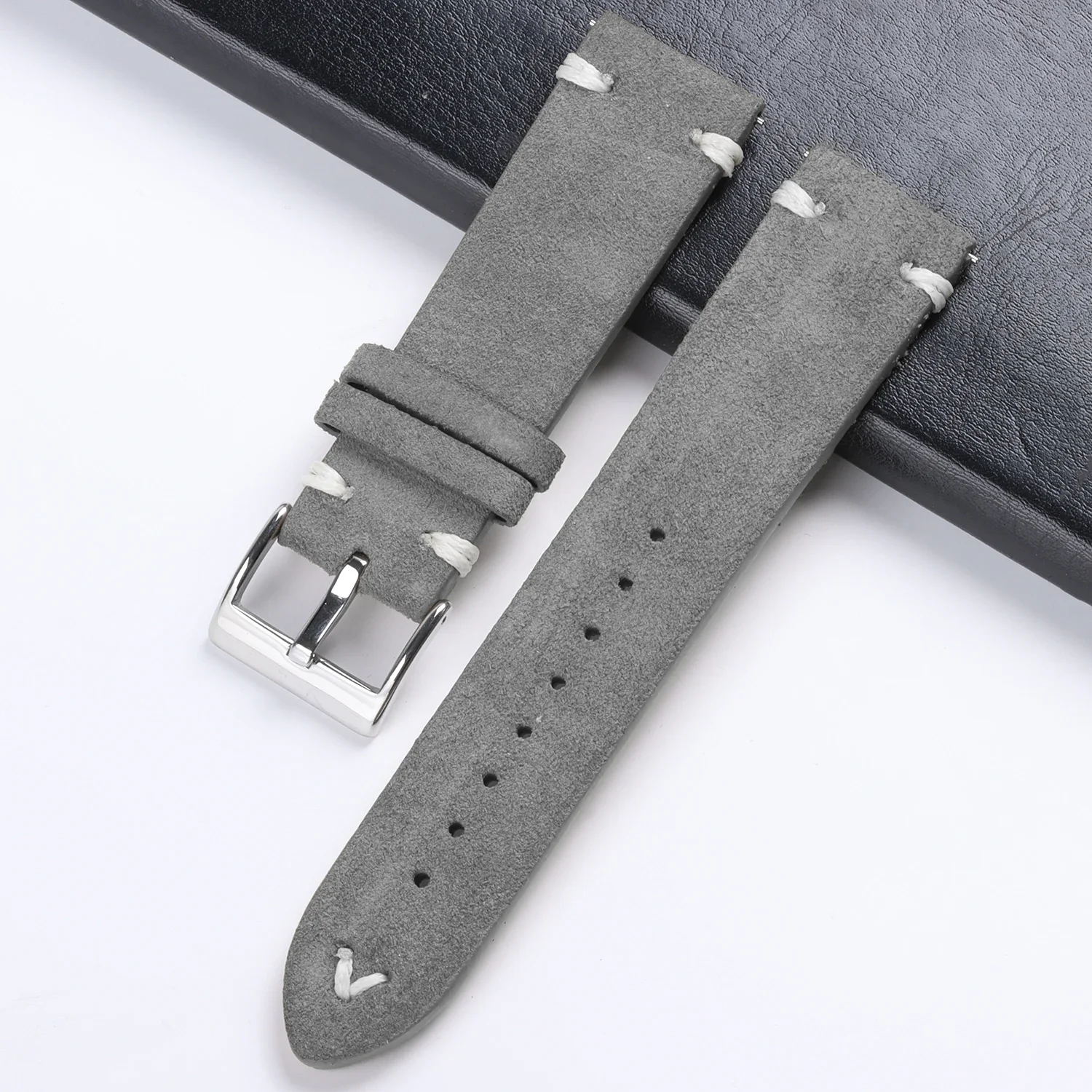 Vintage Grey Suede Leather Watch Strap with Handmade Stitching - Soft Replacement Wristband