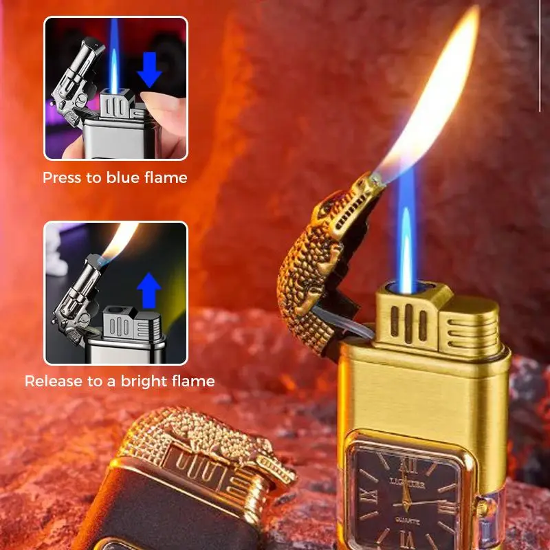 Windproof Lighter Vintage Watch Bezel Jet Dual Flame Torch Inflatable Gas Lighter Metal Quartz Dial Watch NO Gas