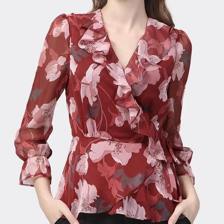 Elegant V-Neck Blouse Fashion Ruffles Spliced Spring Summer Waist Drawstring Women's Clothing Commute Vintage Asymmetrical Shirt