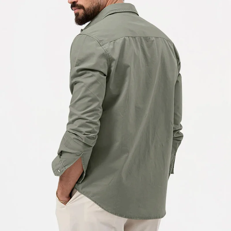 2024 summer Europe and the United States vintage cargo men's advanced multi-pocket solid color leisure sports long-sleeved shirt