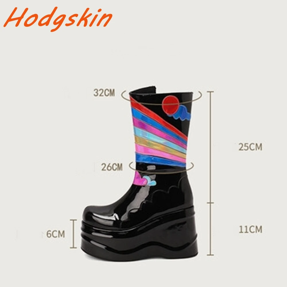 Mixed Colors Mid Calf Boots Round Toe Side Zipper Casual Comfy Height Increasing Shoe Autumn Winter Patent Leather Women's Boots