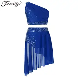 Kids Girls Modern Lyrical Dance Outfit Jazz Dancing Skating Ballet Gymnastics Dancewear One Shoulder Crop Top with Leotard Skirt