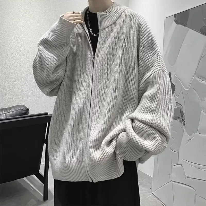 Solid Color Minimalist Half High Neck Cardigan Sweater Jacket Men and Women Couples Trendy Clothing Loose Casual Knit Shirt Top
