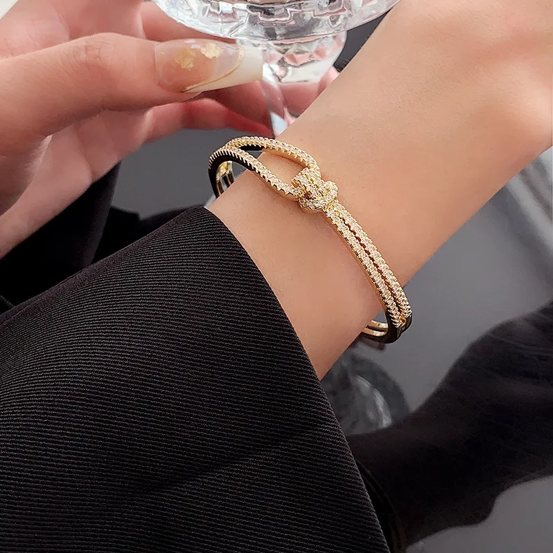 RAKOL Luxury MicroPaved Zircon Geometric Cross Splicing Open Bangles For Women Gold Color Adjustable Double Layer Bangle Jewelry 4