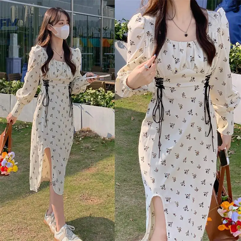 

2022 Spring Retro Square Neck Floral Dresses Women Fashion Puff Long Sleeve Chiffon Dress Drawstring Slit Vestidos Mujer