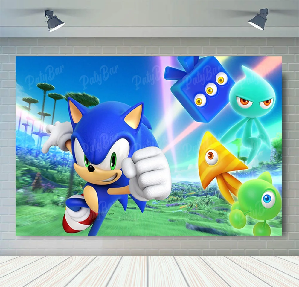 thumbnail image 1 of Fondo de fotografía de Sonic, el erizo de velocidad, héroe corredor, fondo de fotografía de dibujos animados para cumpleaños de niños, accesorios de vinilo de poliéster rojo y azul, 1 of 5