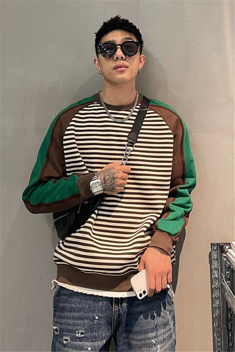 Autumn Spring Casual O Neck Long Sleeve Men Sweatshirts Fashion Oversized Patchwork Hit Color Striped New Arrival Top Hot Sale