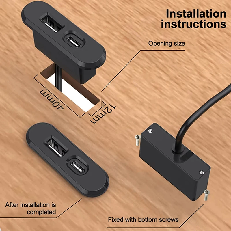 For Office Bedroom Table Recessed Sockets 1 USB-A And 1 Type-C Built In Desktop Hidden Power Outlet With 1.2M Extension Cord 1
