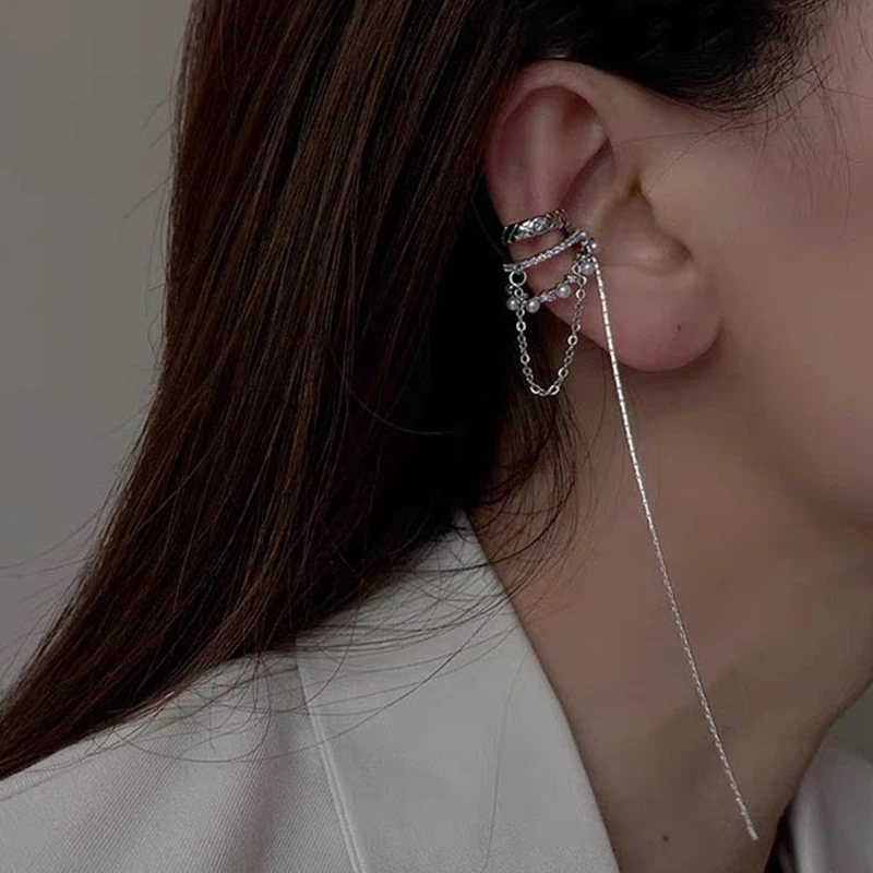 Crystal French Imitation Pearl Long Tassel Earrings Without Pierced Ear Cuff For Women Girl Fashion Ear Clip Jewelry Luxury ear clip earrings,clip earrings,ear clip,ear accessories