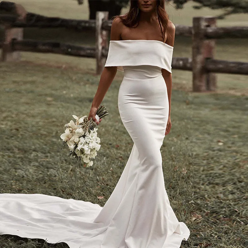 

Simple Off the Shoulder Mermaid Wedding Dresses 2023 Soft Satin Boat Neck Bride Gowns Backless Robes De Mariée2023