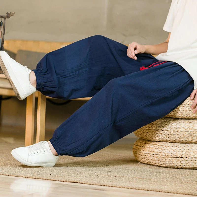 2024 Summer New Chinese Style Men's Breathable Cotton Linen Casual Pants Men's Loose Drawstring Harem Pants Lantern Pants