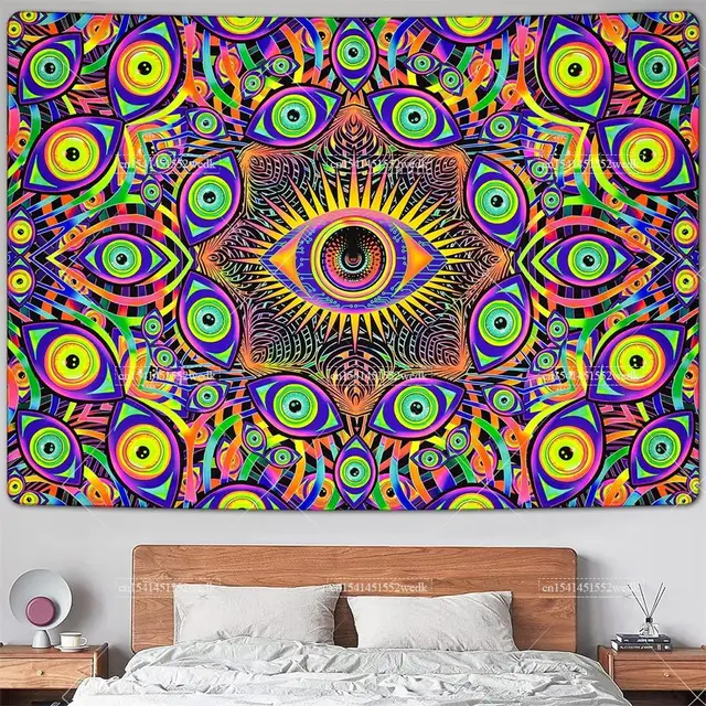 Blacklight Eyes Tapisserie Murale Réactive UV, Tapisseries Boho Mandala, Hippicopter, Trippy, Abstrait, Lumière Noire, Chambre 5