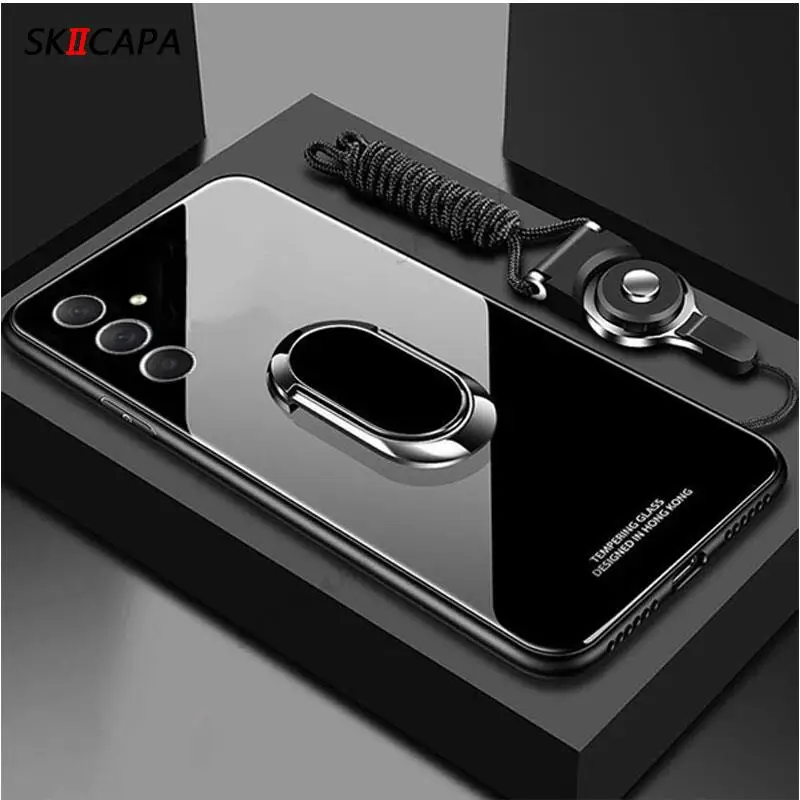 Enhanced Glossy Glass Shockproof Case with Magnetic Ring Holder and Soft Edges