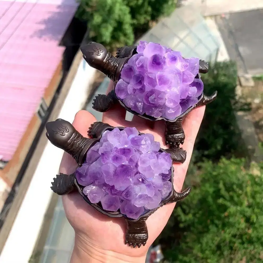 

Purple Crystal Cluster Turtle Figurines Home Office Ornament Fengshui Lucky Amulet Ore Rock Quartz Amethyst Citrine Animal Decor
