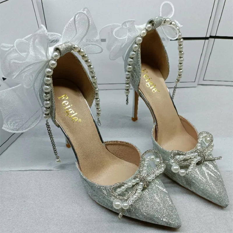 

Spring and summer pointed sequins pearl butterfly wedding shoe thin high heels banquet dress large size small size female sandal