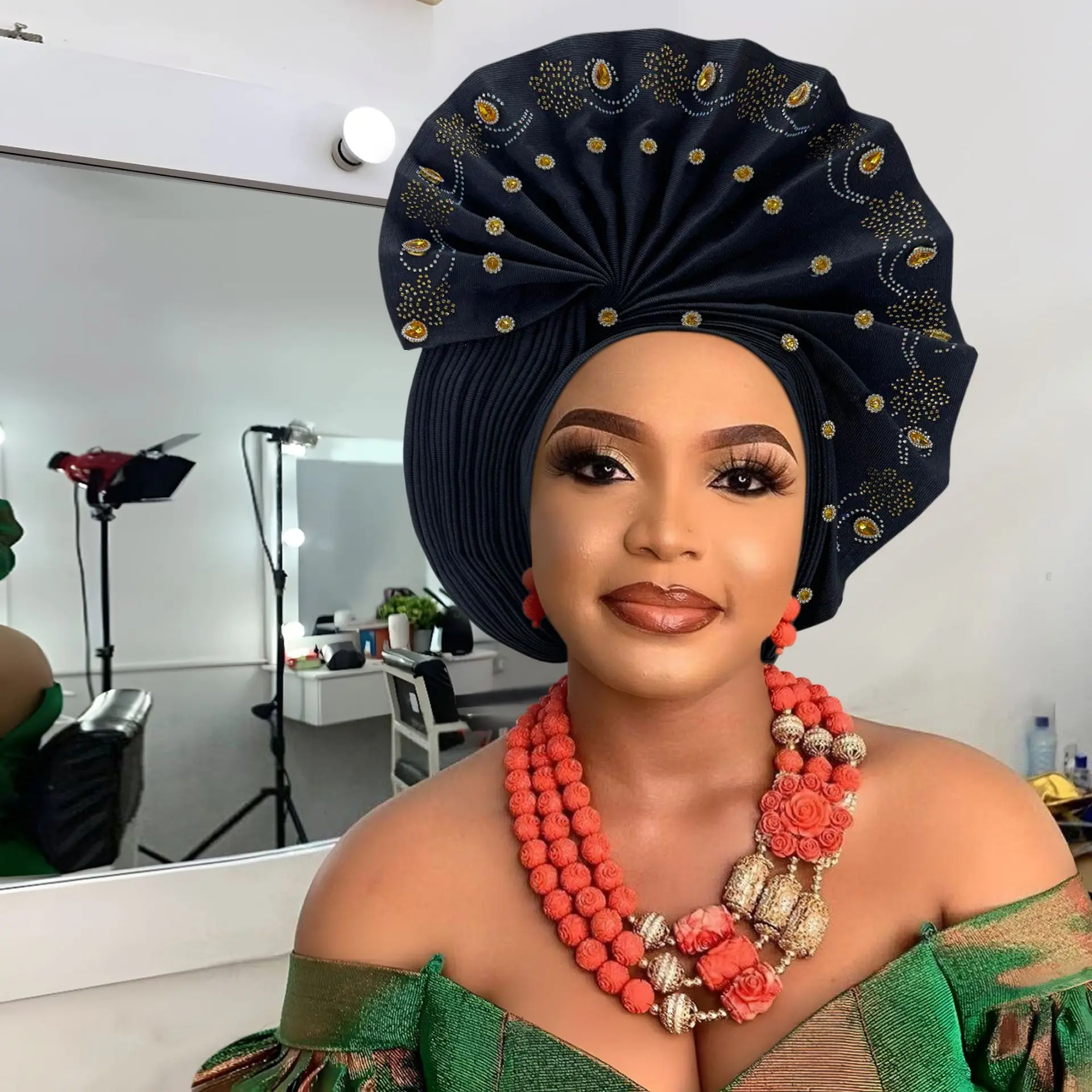 Nigeria Gele African Bride Wedding Headties Headscarf Beaded Diamond Hat Auto Headtie Bonnet Turban Head Wrap