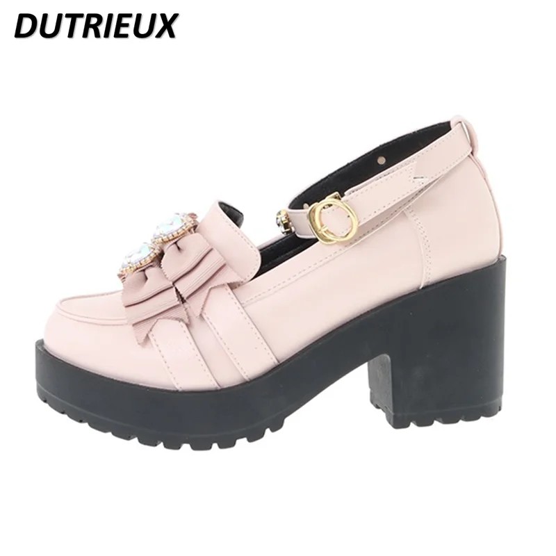 2024 Spring Summer New Rhinestone Flower Knot Muffin Shallow Mouth Round Head Chunky Heel Women's Sweet Cute Platform Shoes