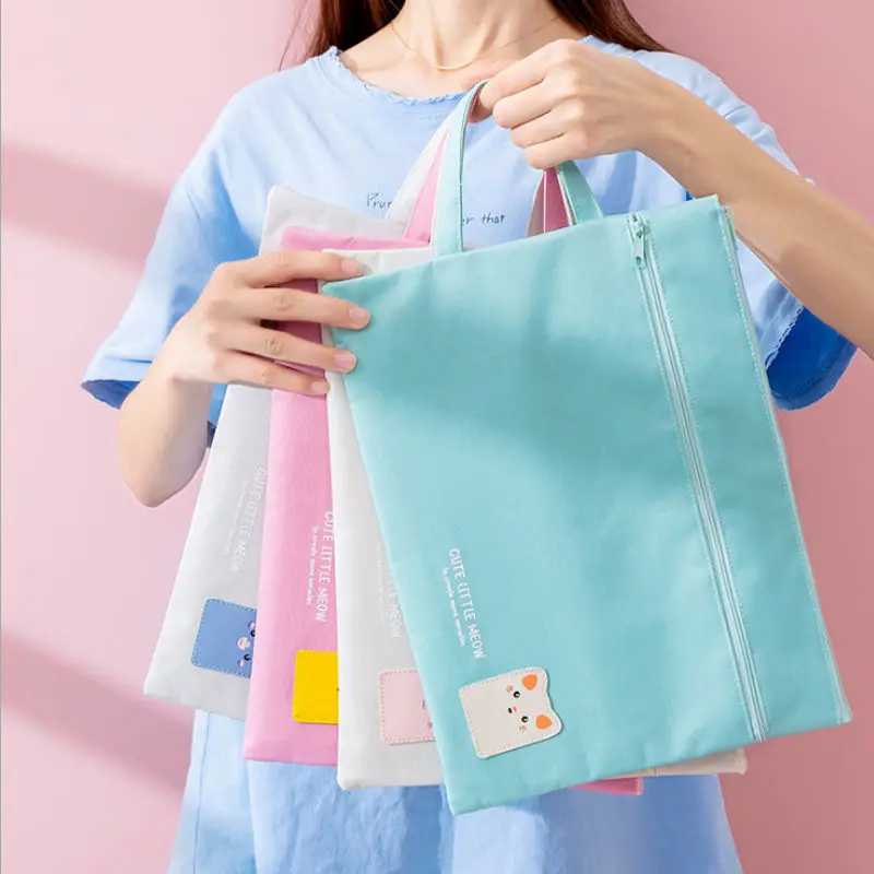 

5pcs A4 Cute Student Cartoon Portable Document Bag Oxford Cloth Double File Bag Waterproof Zipper Bag Information Bag Tutoring