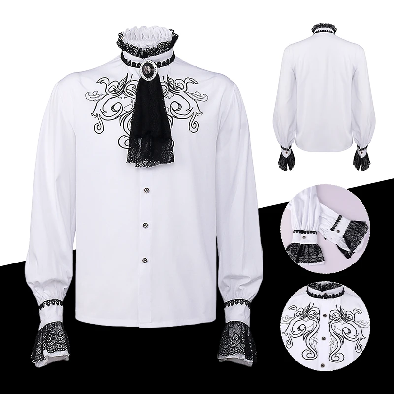 White Lace Ruffles Long Sleeves Halloween Cosplay Vintage Pirate Shirt Steampunk Clothing Gothic Top Victorian Costume for Men