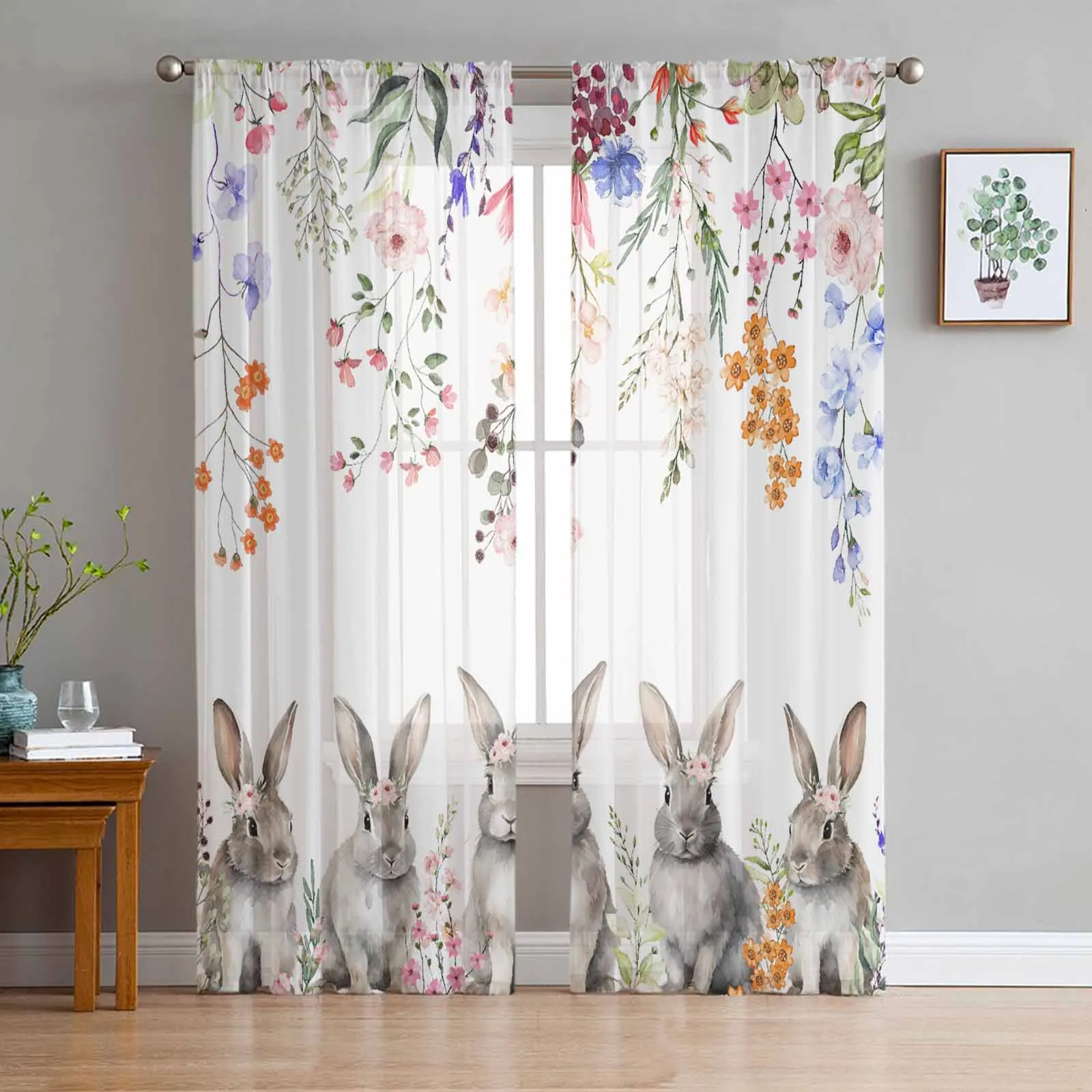 

Easter Herbaceous Plant Rabbit Watercolor Sheer Curtain Living Room Drapes Home Bedroom Voile Curtain Tulle Window Curtain
