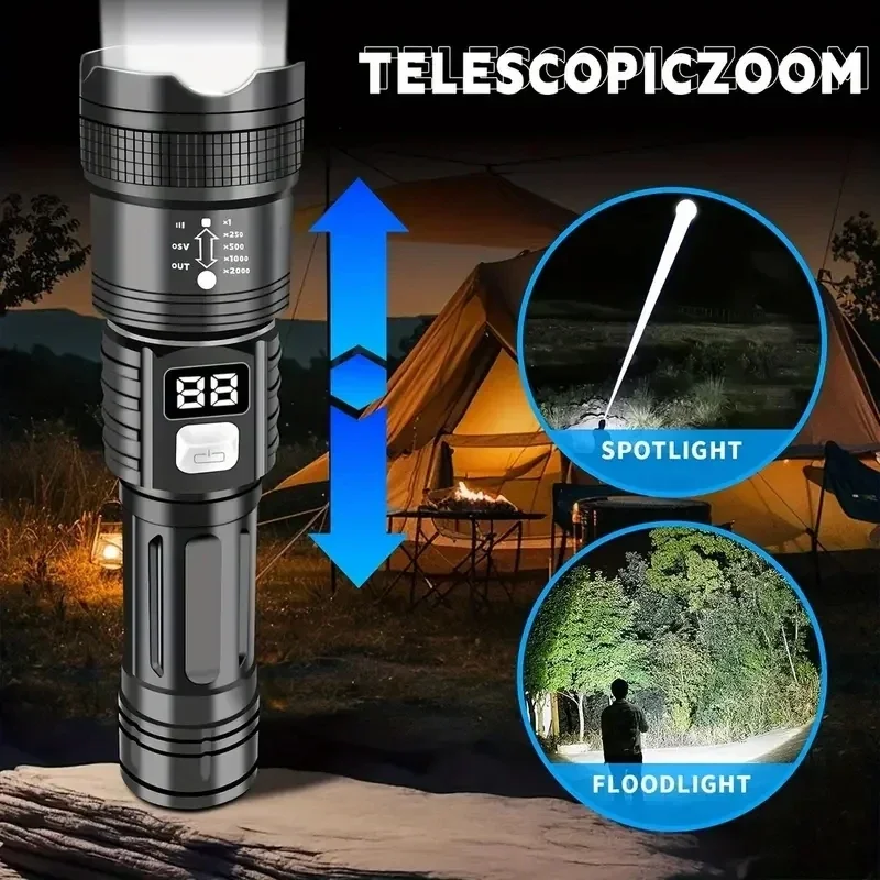 전술 LED 손전등 2000LM, USB 충전식 줌 토치, 캠핑 하이킹 야외용 강력하고 밝은 휴대용 비상등
