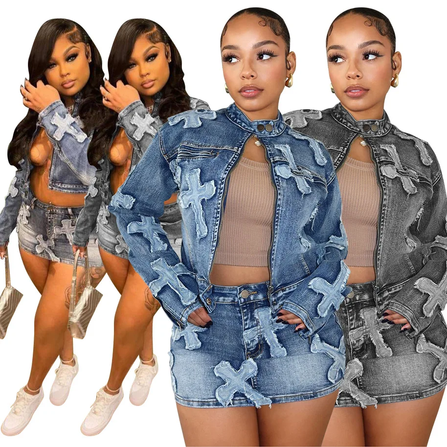 

Autumn Spring Fashion Denim Crop Jacket And Mini Skirt Set Two Piece Set Crop Top Shorts Set Women'S Denim Jacket Skirt Set