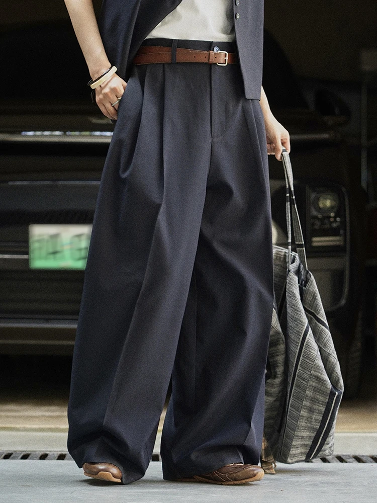 [EAM] High Waist Navy Blue Pleated Brief Long Casual Wide Leg Pants New Trousers Women Fashion Tide Spring Autumn 2026 1DJ3459