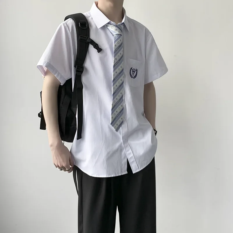 Japanese Student Men School Jk DK Uniform Tops Middle High School Uniforms Short Sleeve White Cotton Shirt 2 Piece Tie + Top