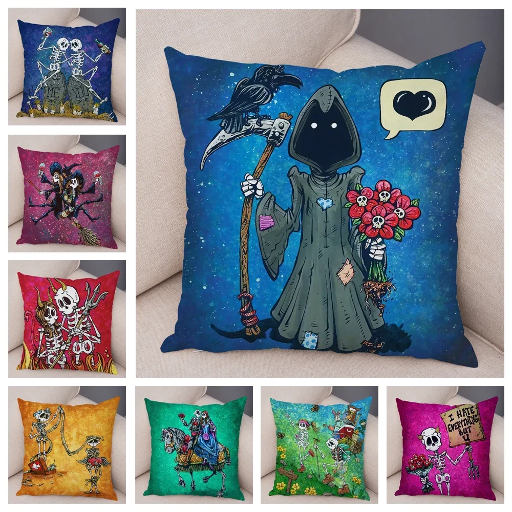 Cute Cartoon Skull Death Devil Pattern Printed Soft Square Sofo Pillowslip Polyester Cushion Cover Peach Skin Pillowcase Living