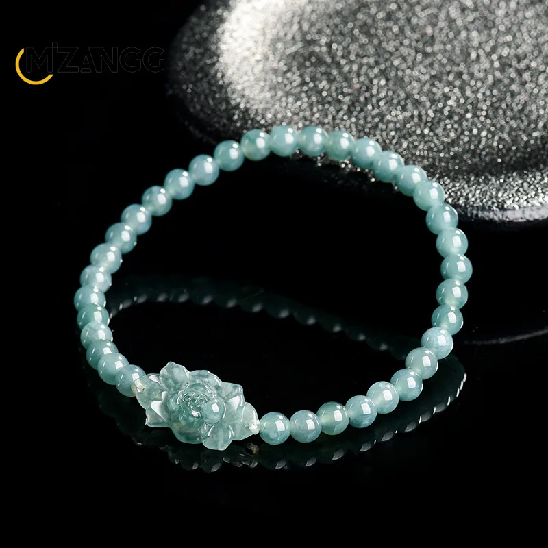 Natural A-goods Jadeite Blue Water Lotus Round Beads Strings Hand