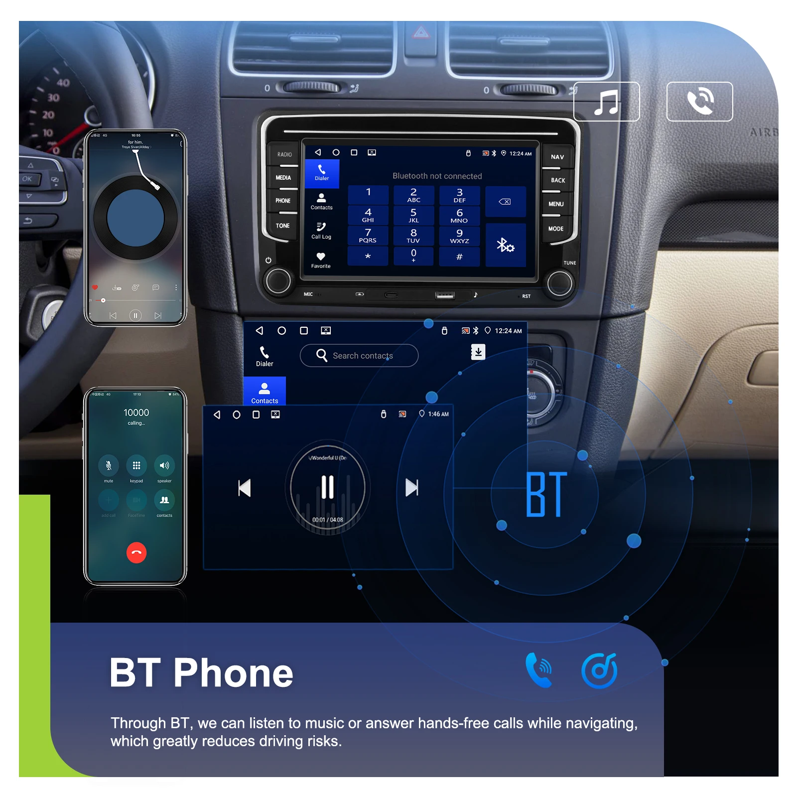 Podofo Kabelloses Carplay Android Auto Radio für VW Fahrzeuge Intelligente Systeme GPS-Navigation BT FM/RDS 2din EQ BT Autoradio – Detail 7