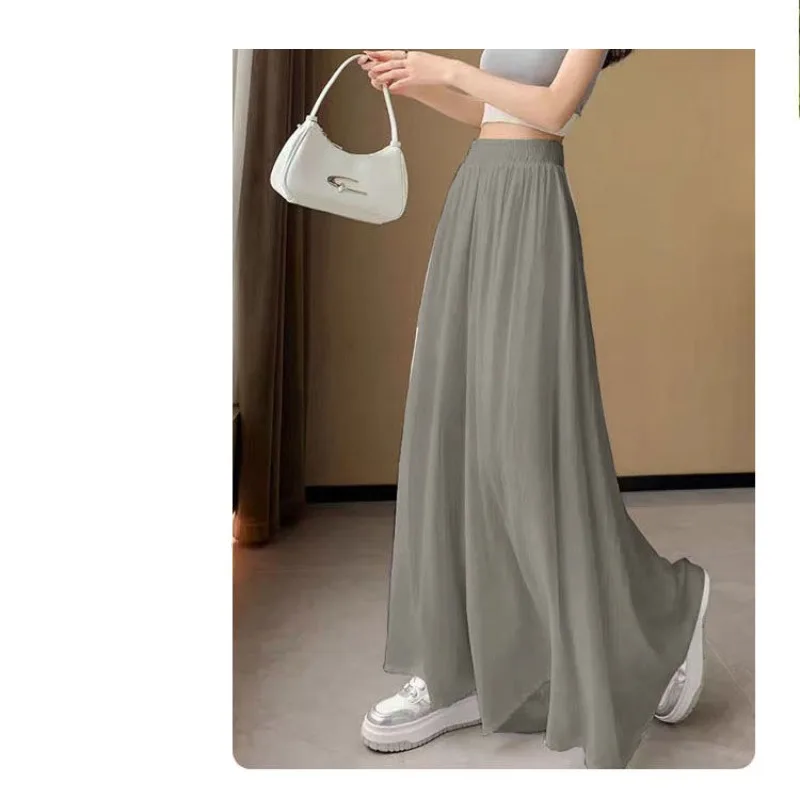 

Solid Color Spring Summer High Waisted Shirring Women's Elastic Pockets Casual Loose Wide Leg Baggy Korean Fashion Sweatpants