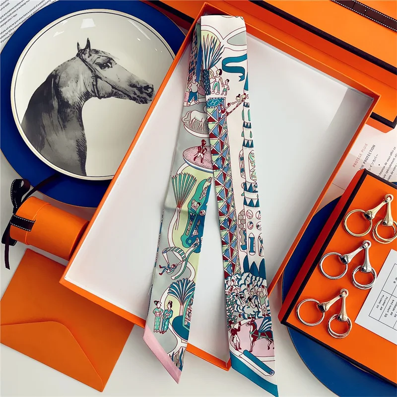 100% Silk High Quality Luxury Brand Goods Scarf Women Headband Foulard Tie Ribbon Neckerchief Skinny Scarves Hair Accessories 5