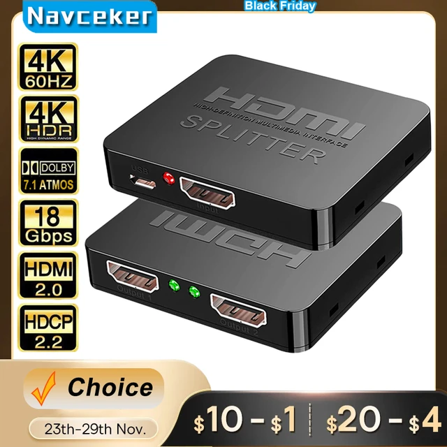 Splitter HDMI 2.0 4K 60 Hz 1x2 (1 entrée, 2 sorties) - Commutateur