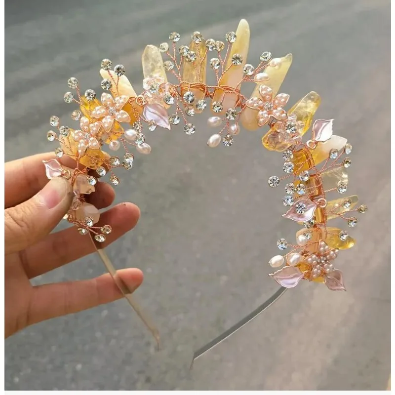 

Raw Crystal Quartz Crown Headband Women Pink Crown Flower Crystal Mermaid Tiara Headband Handmade Natural Stone Witch Headpiece