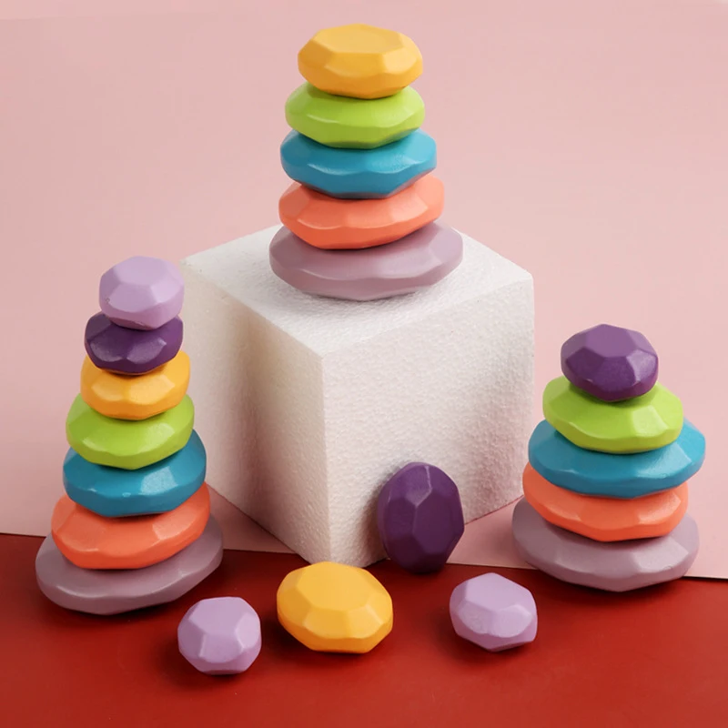 

Baby Toys Wooden Building Block Colored Stone Nordic Style Creative Educational Stacking Game Montessori Toy Gifts for Children