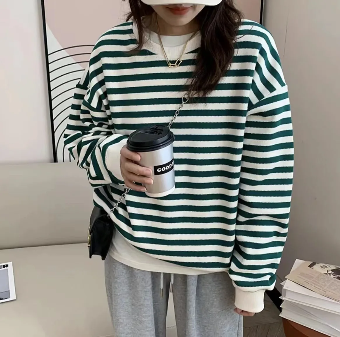 

American Retro Stripe Long Sleeve T-shirt Women's Loose Slim Slouchy Round Neck Pullover