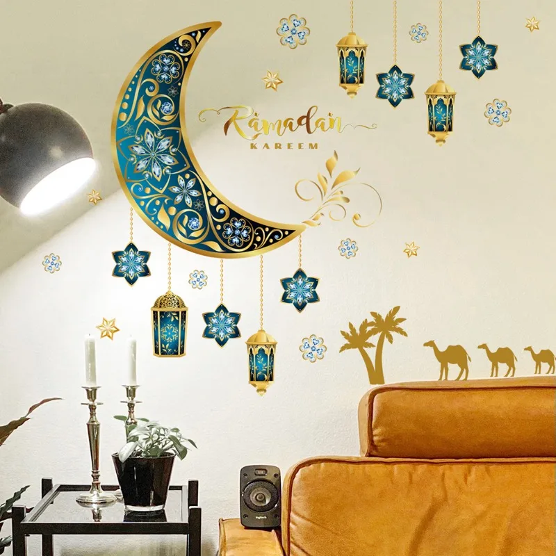 

Eid Mubarak Ramadan Wall Stickers Moon Lantern Star Living Room Bedroom Background Wall Decorative Sticker Home Party Decor