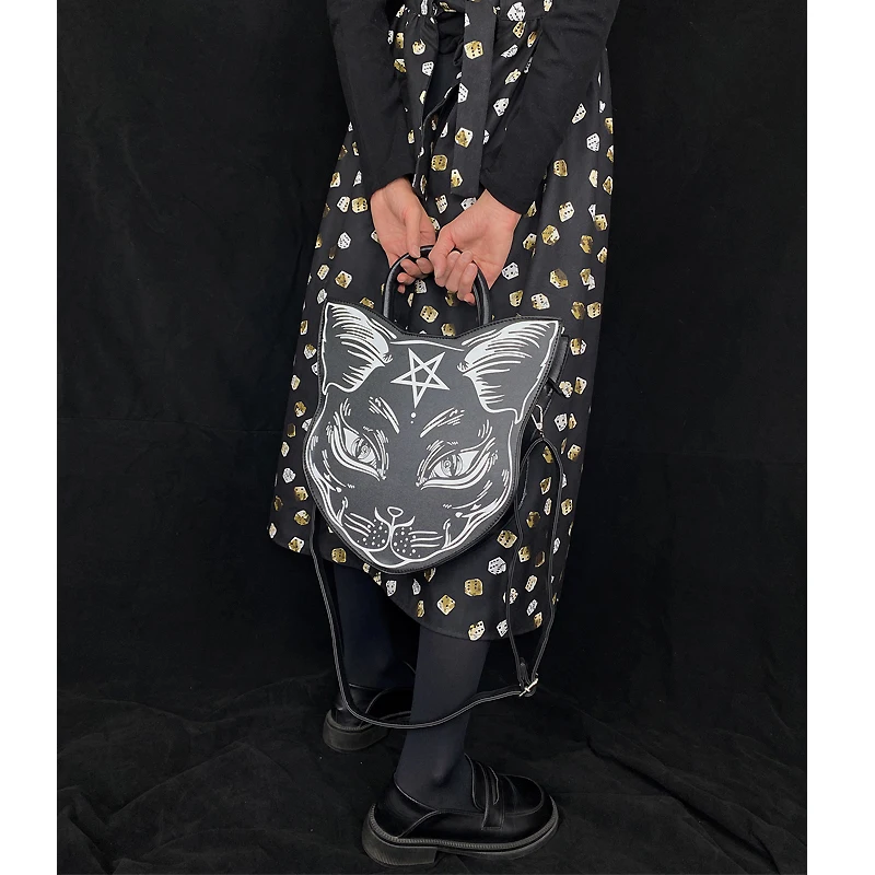 Gothic Pentacle Cat Purses and Handbags for Women Punk Harajuku Style Girls Shoulder Bag Black Top Handle Purse Fashion Totes